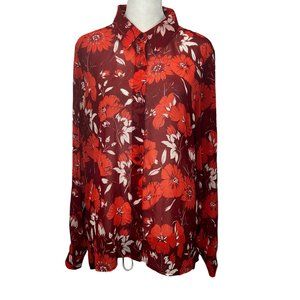 Like New CABI Hothouse Red Orange White Button Down Semi-Sheer Blouse Sz…